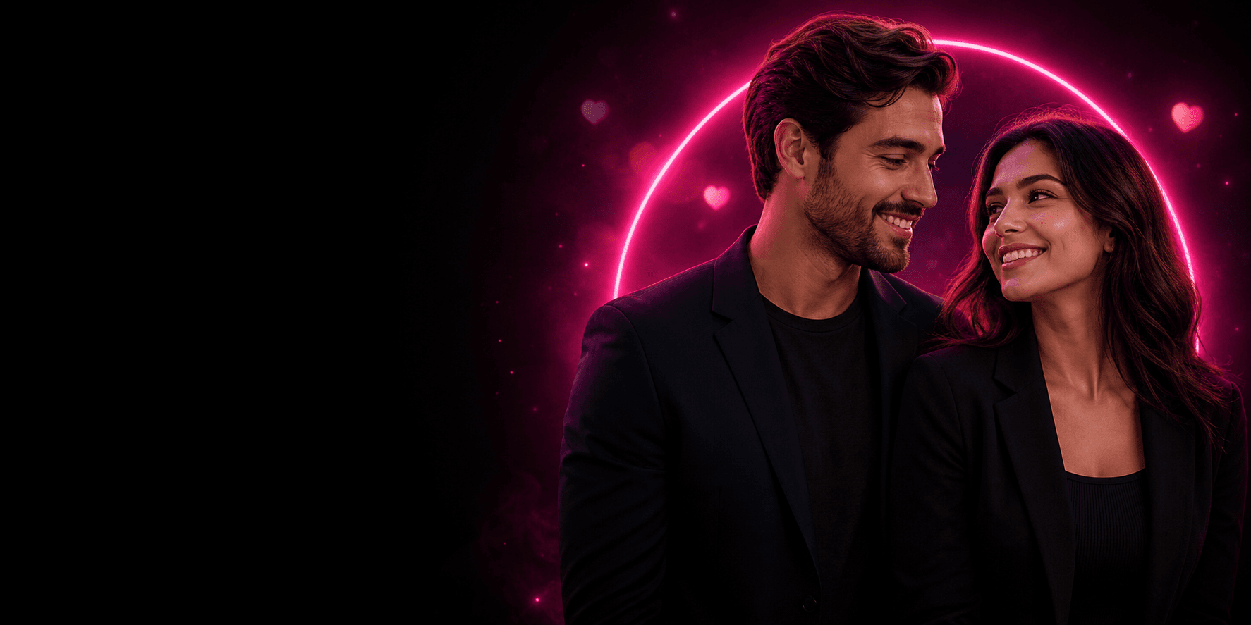 A smiling couple looking at each other under a pink neon halo